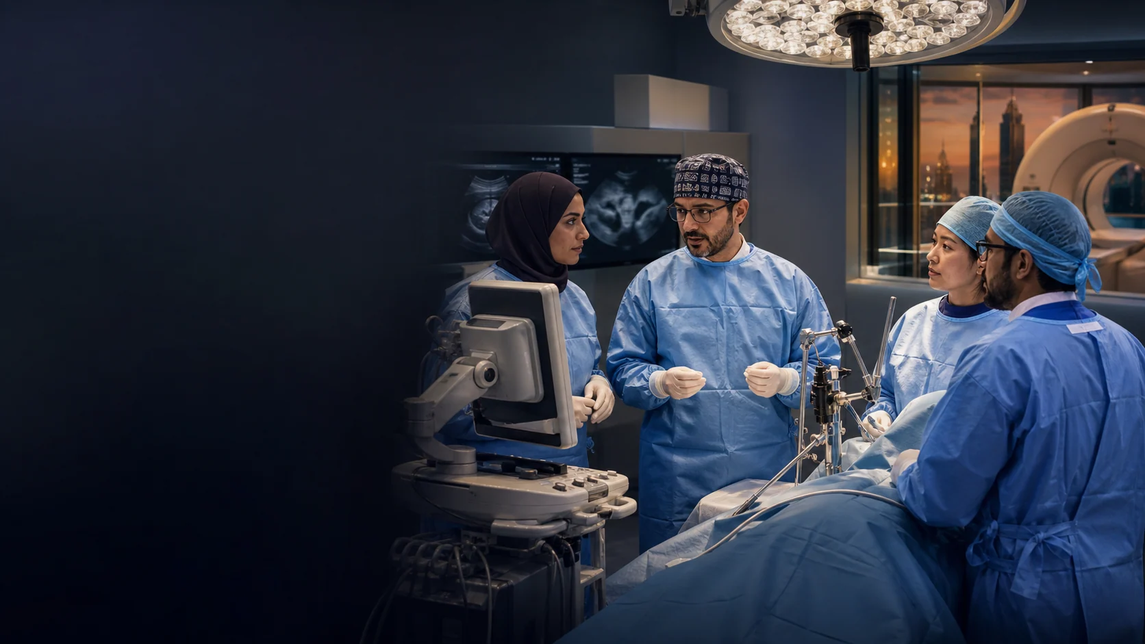 Multidisciplinary fetal surgery team planning with ultrasound and fetoscopic equipment in a modern operating environment